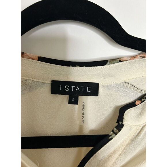 1. State Women’s Cream With Black Lining 1/2 Sleeve Button Up Blouse Sz L Top - Picture 4 of 6